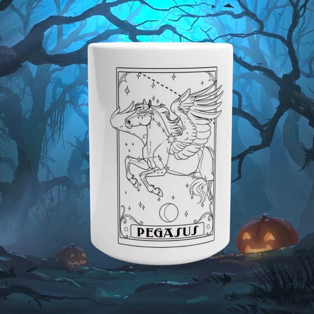 Mug with a pegasus design with a blue and black spooky halloween background.