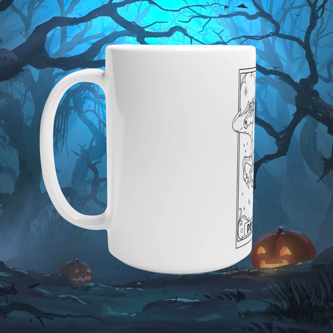 Mug with a pegasus design with a blue and black spooky halloween background.