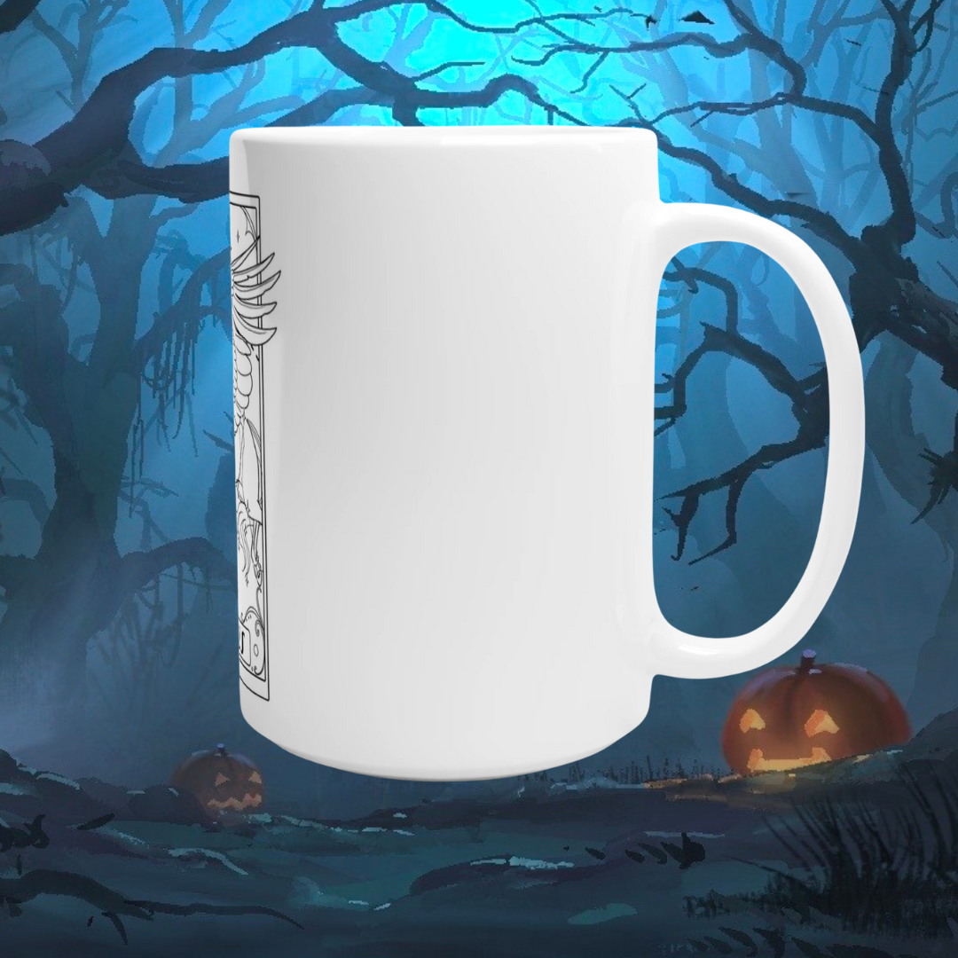 Mug with a pegasus design with a blue and black spooky halloween background.
